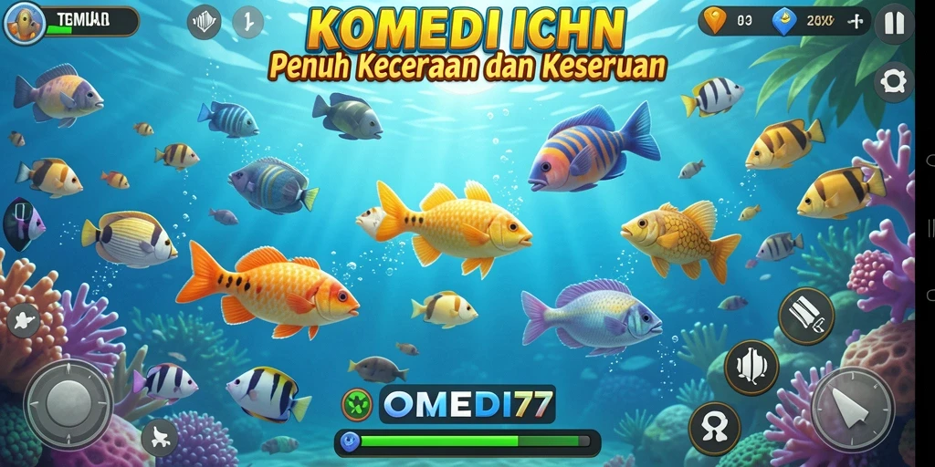 Tampilan gameplay KOMEDI77 dengan aksi menembak ikan yang seru dan penuh warna.