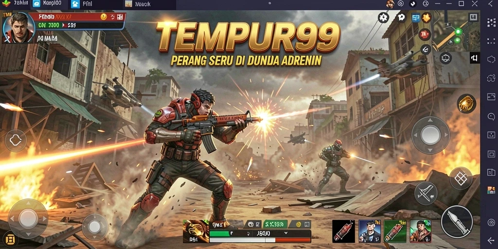 Tangkapan layar utama TEMPUR99 menampilkan aksi pertempuran yang mendebarkan.