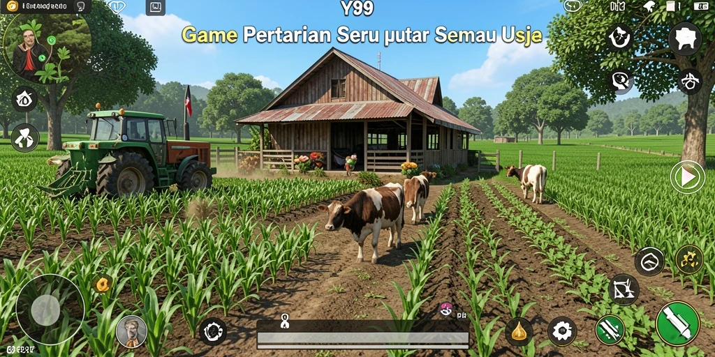 Screenshot gameplay Y89 menampilkan kebun yang hijau dan asri.