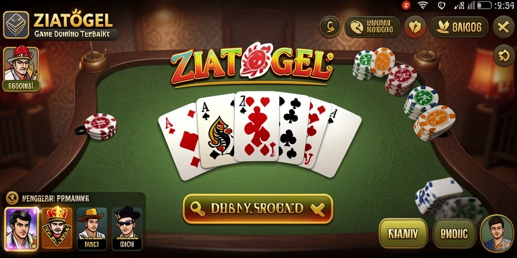 Screenshot gameplay ZIATOGEL menunjukkan peserta yang intens dan kartu Domino yang menarik.